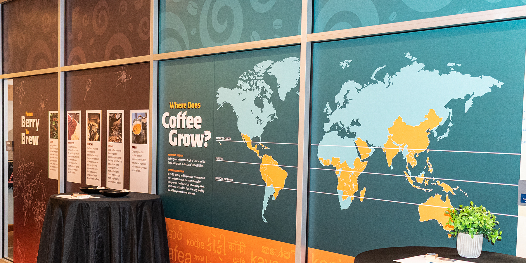 Brewseum exhibition — From Berry to Brew and Where Does Coffee Grow? walls installed in the LU One Lounge