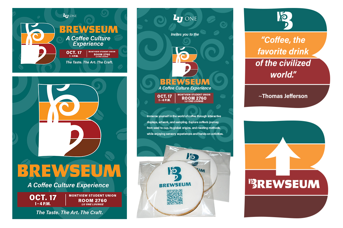 Brewseum marketing materials — event ads and posters, invitation with branded cookies, and floor clings