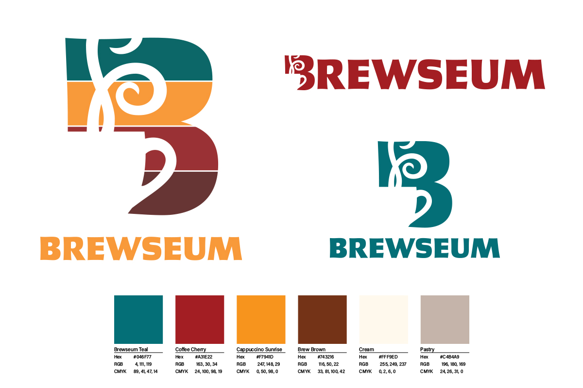 Brewseum logo suite — primary, wordmark, and icon variations with full color palette