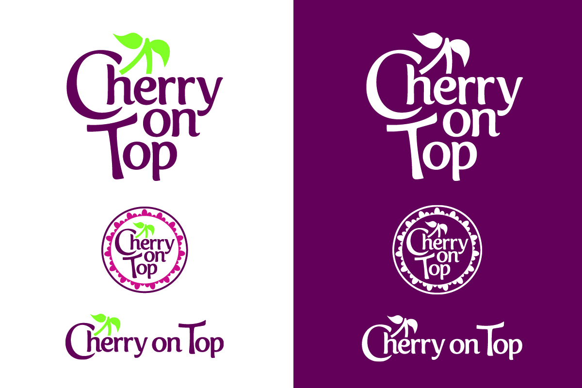 Cherry on Top logo variations — primary, badge, and horizontal versions on white and purple backgrounds