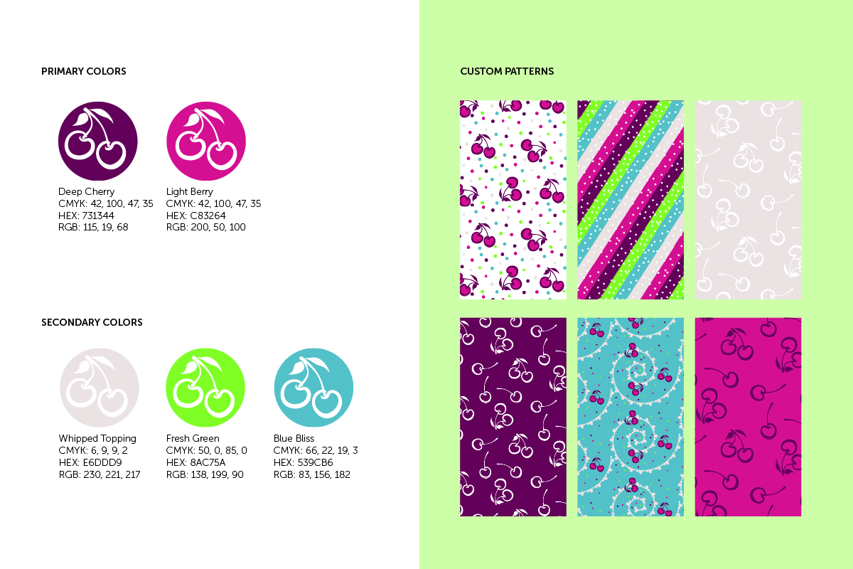 Cherry on Top color palette and six custom pattern designs