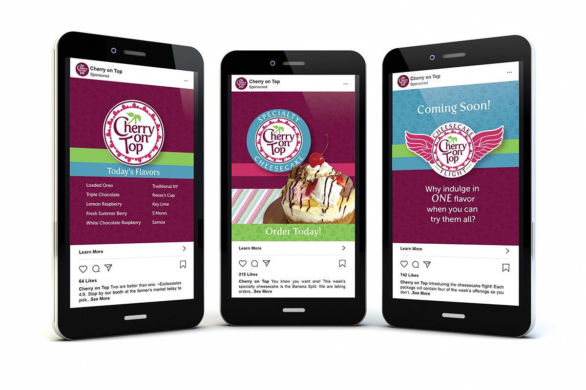 Cherry on Top social media templates shown on three phone mockups