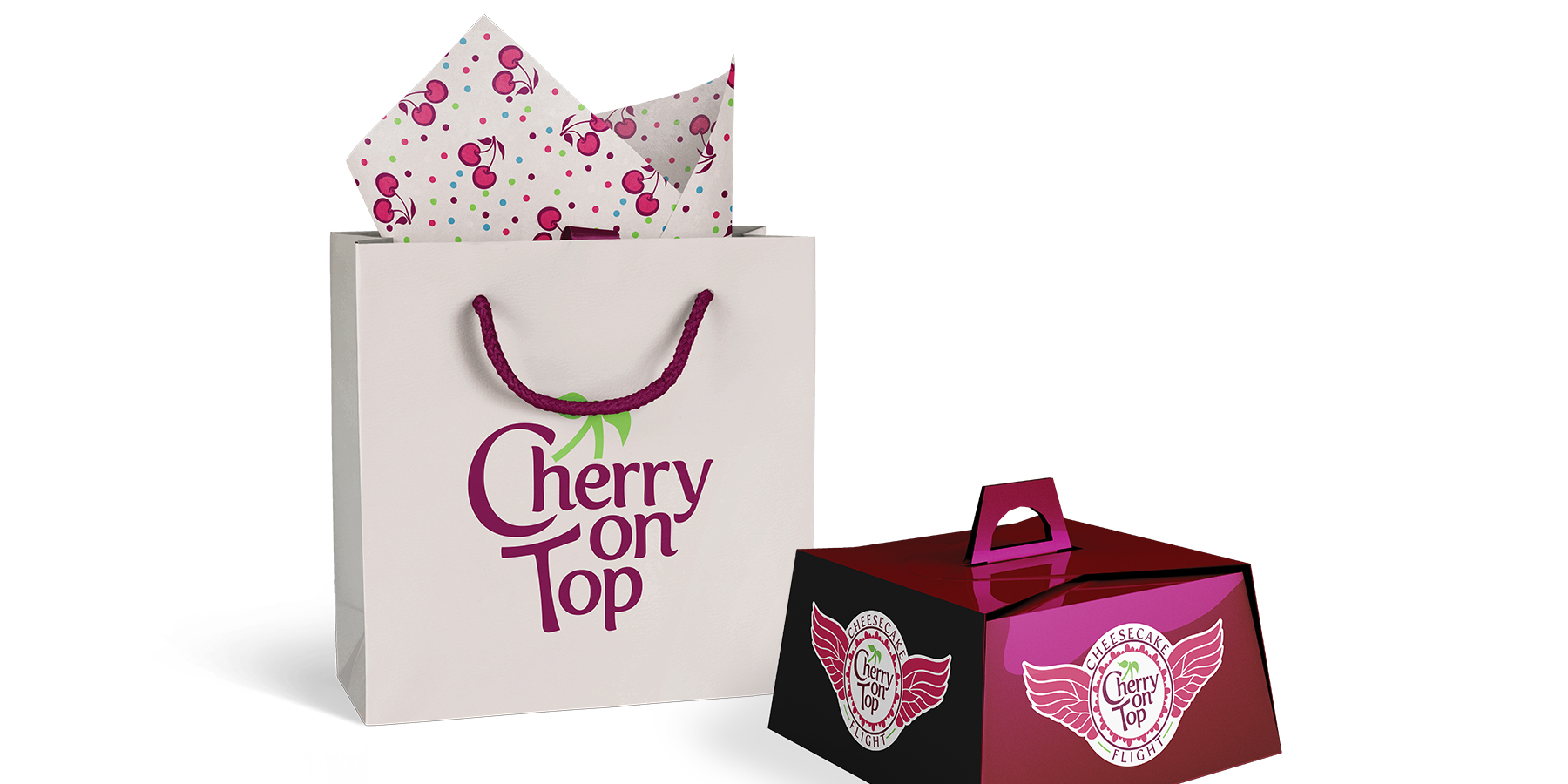 Cherry on Top — shopping bag and cheesecake flight box packaging mockups