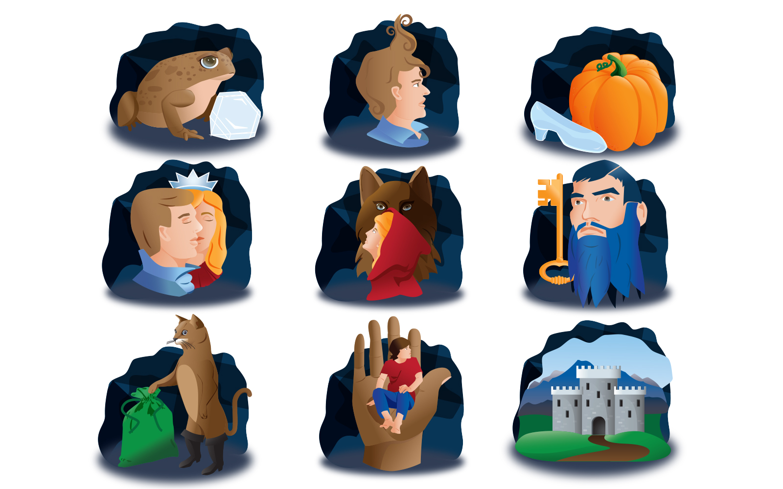 Nine original vector character illustrations for The Tales of Mother Goose