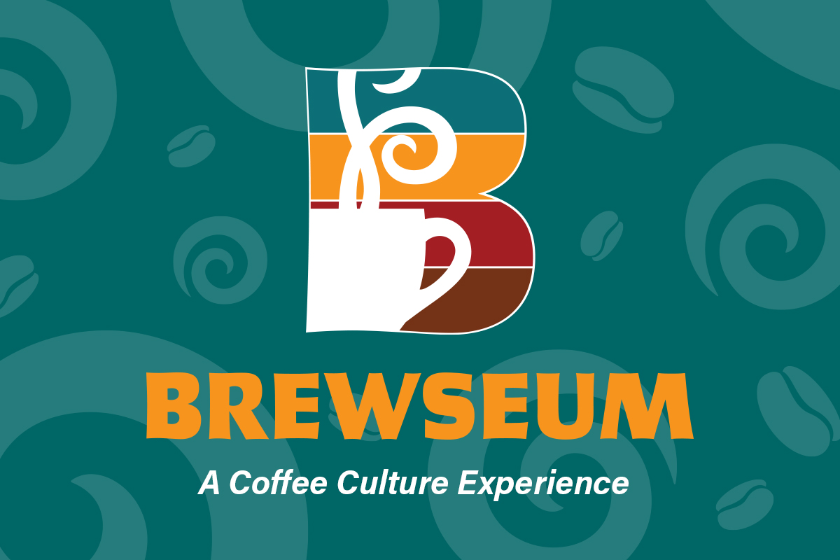 Brewseum — A Coffee Culture Experience logo on teal background with coffee bean pattern