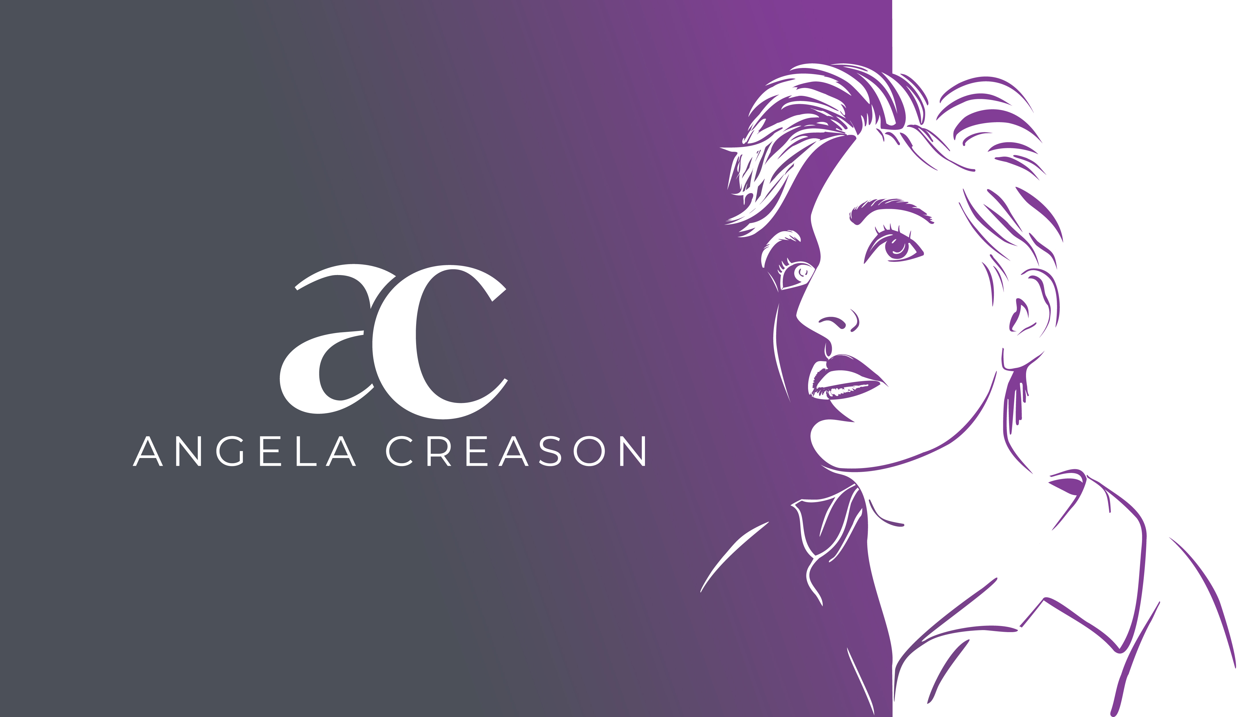 Angela Creason — Graphic Designer, MFA. Illustrated self-portrait with logo on a dark gray to purple gradient background.