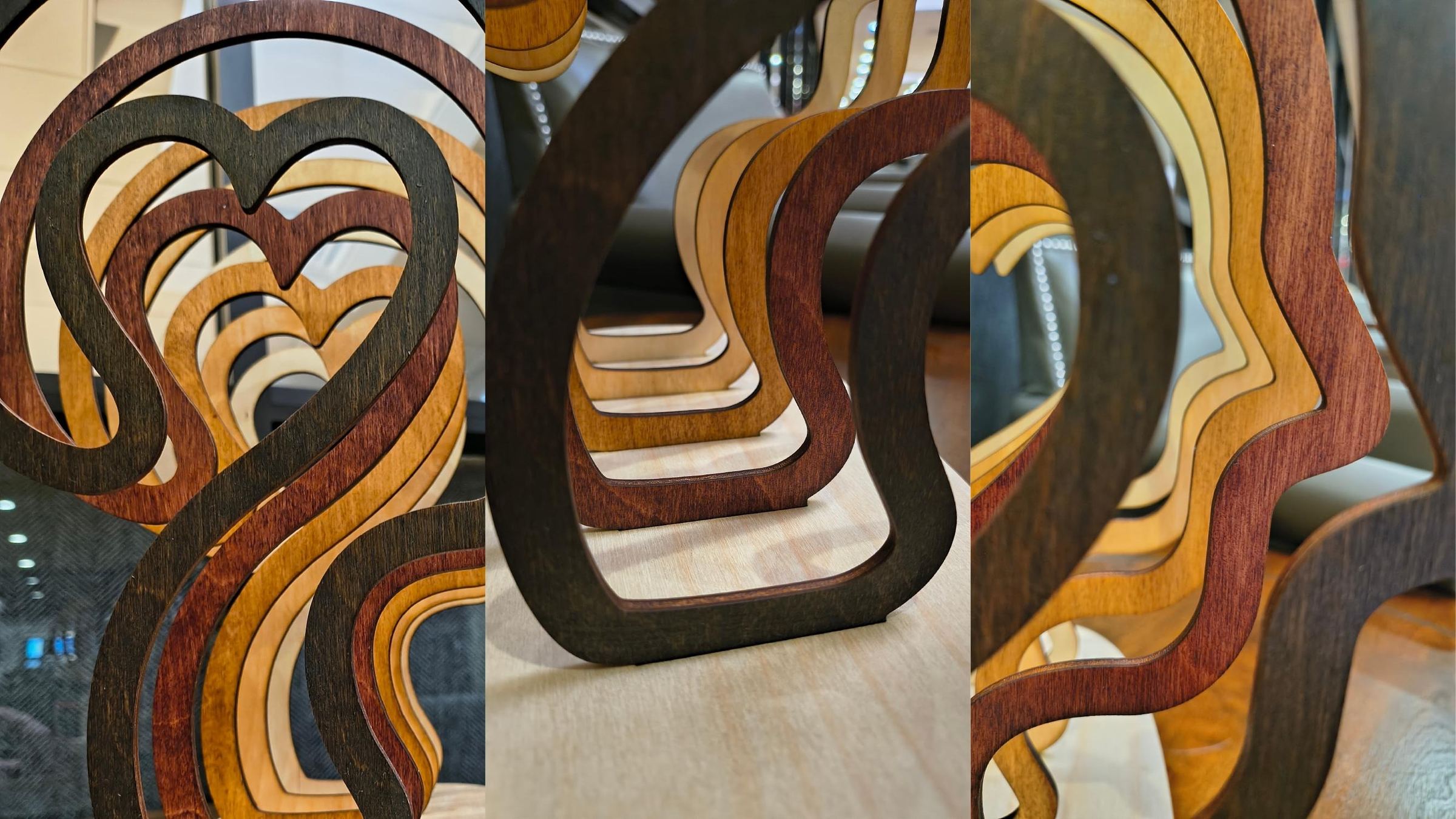 Close-up triptych of the sculpture's wood grain and layering