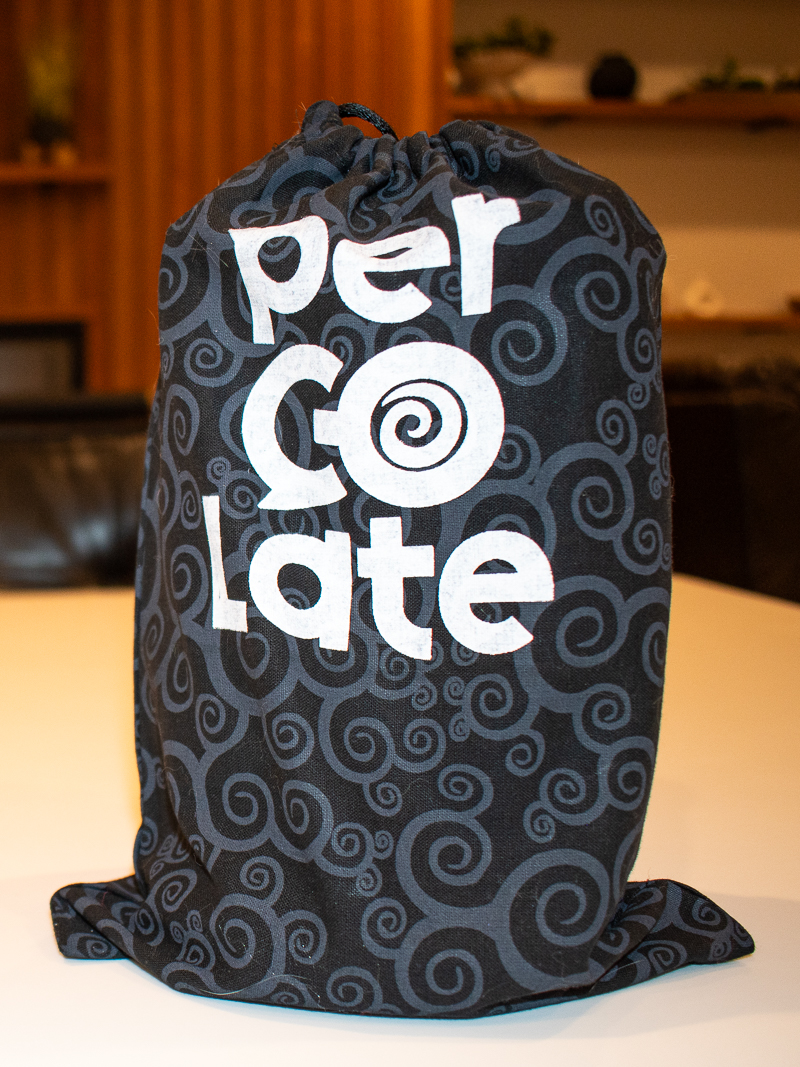 Percolate Bible Study in its black drawstring bag with the Percolate logo screen-printed in white