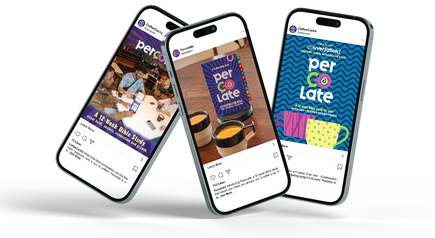 Percolate social media ads shown on three mobile phones — one brand promotion ad featuring the product on a table with coffee cups, and two coffee shop event promotion ads in the Percolate color palette