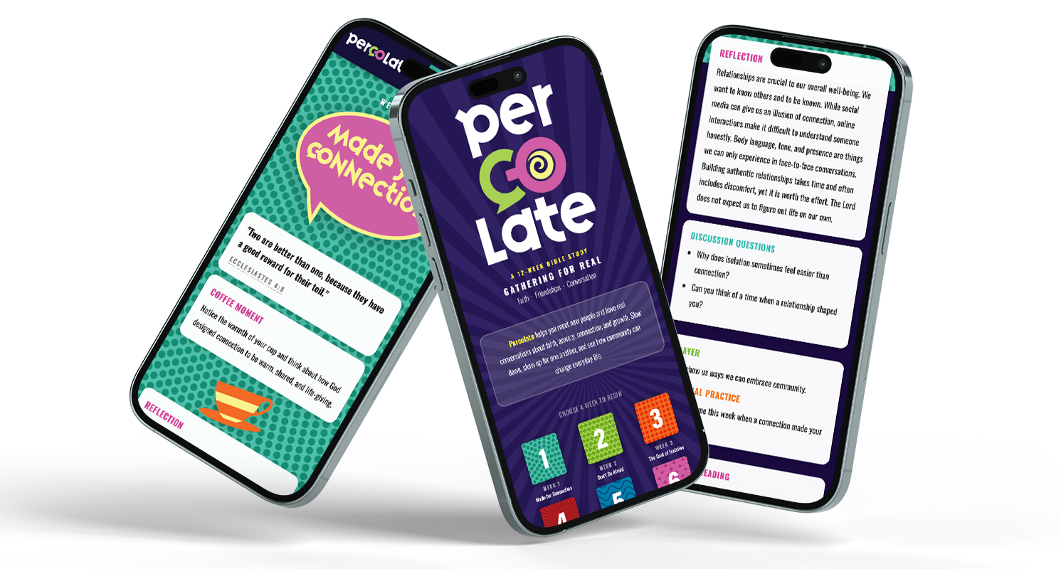 Percolate companion website shown on three mobile phones displaying the colorful session grid and individual study pages