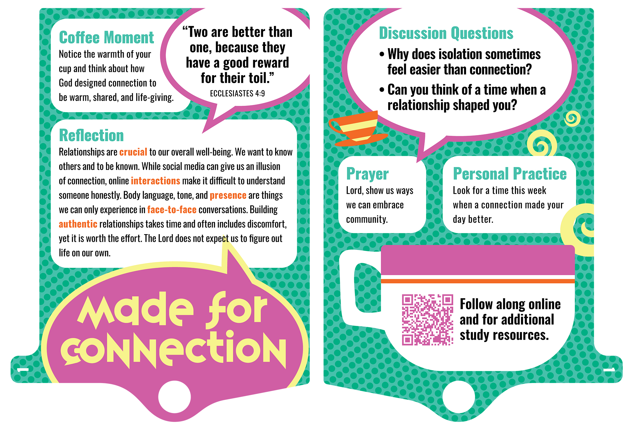 Percolate Bible study card — Session 1: Made for Connection. Front side shows the key verse from Ecclesiastes 4:9, Coffee Moment prompt, and Reflection text. Back side shows Discussion Questions, Prayer, Personal Practice, and QR code.